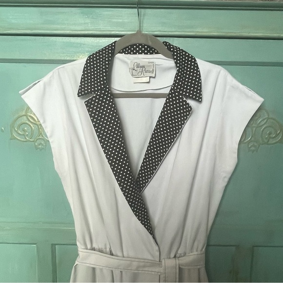 Lillian Russell Black White Wrap Belted Dress Polka Dot Collar Lapels Size 14 - Picture 3 of 8